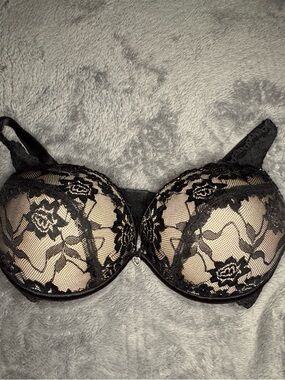 Q-T Intimates Black Lace Overlay Push-Up Bra with Nude Lining
